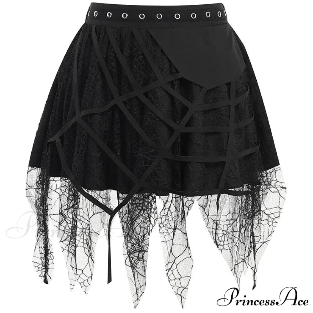 Gothic Mini Y2K Harajuku Spider Web Patchwork Lace Tassel Dark Academy Street Woman With Belt Fairy Grunge Skirt Black