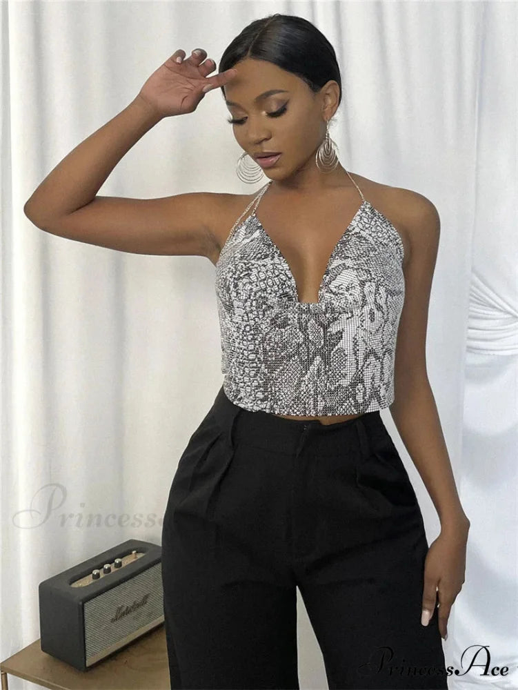 Gothic Party Club Corset Rhinestones Crop Top Snake / S
