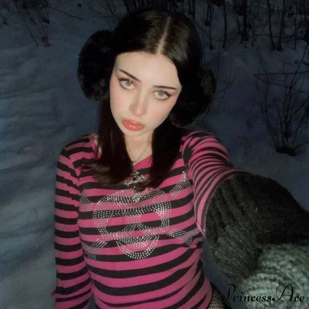 Gothic Punk Dark Academia Rhinestone Skull Striped Crop Top As photo shows / S