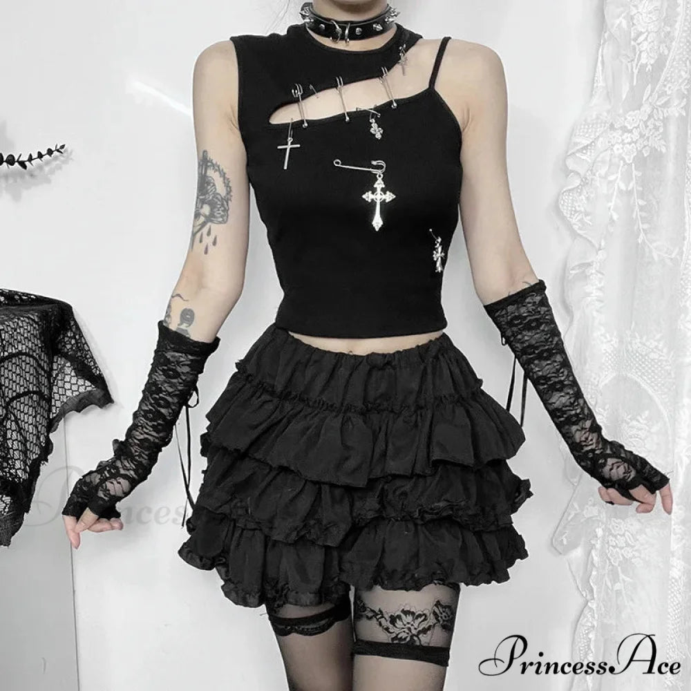 Gothic Punk Fashion Cross Bustier Crop Top Black / S