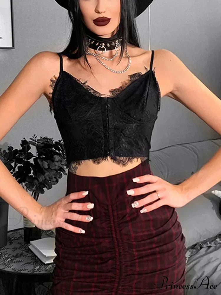 Gothic Punk Sexy Fairy Grunge V-neck Dark Lace Crop Top Black / S