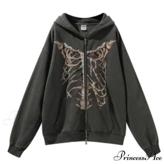 Gothic Punk Skeleton Print Hoody Jacket Dark grey / M