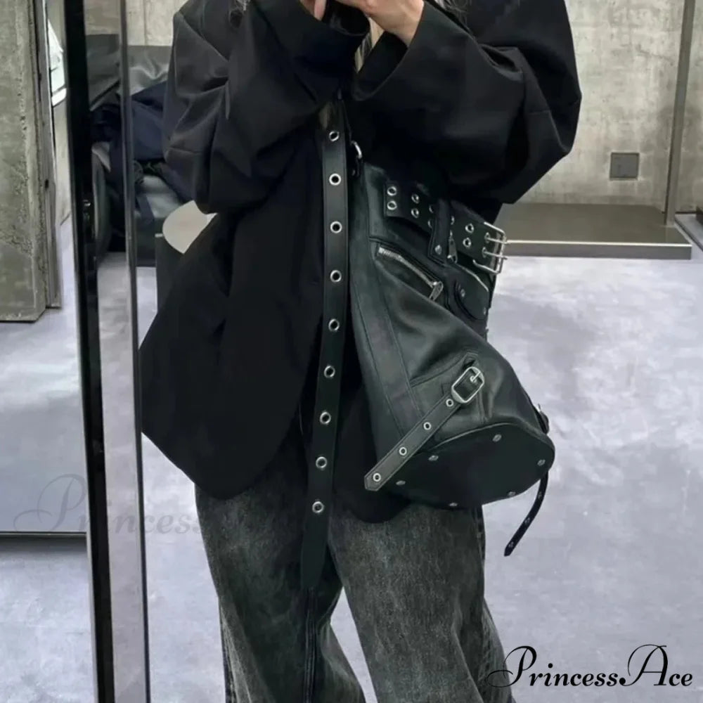 Gothic Rivets Big Volume Dark Metal Cool Motobiker Harajuku Chic Messenger Bag Black