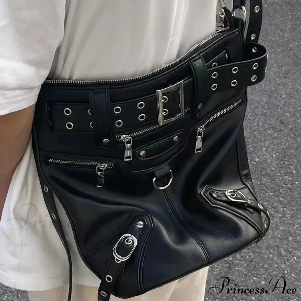 Gothic Rivets Big Volume Dark Metal Cool Motobiker Harajuku Chic Messenger Bag Black