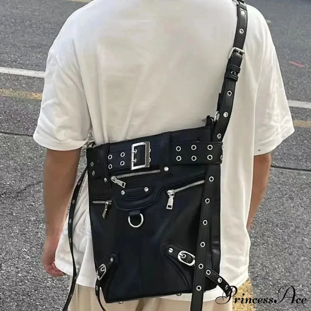 Gothic Rivets Big Volume Dark Metal Cool Motobiker Harajuku Chic Messenger Bag Black
