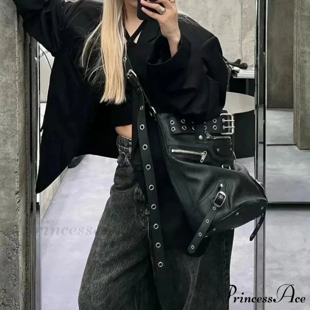 Gothic Rivets Big Volume Dark Metal Cool Motobiker Harajuku Chic Messenger Bag Black