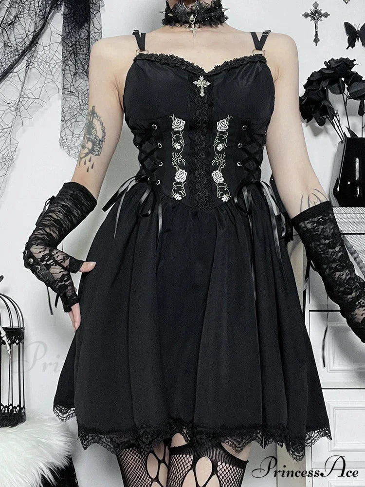 Gothic Sexy Black V Neck Lace Up Y2K Grunge Punk High Waist Lace Trim Party Dress