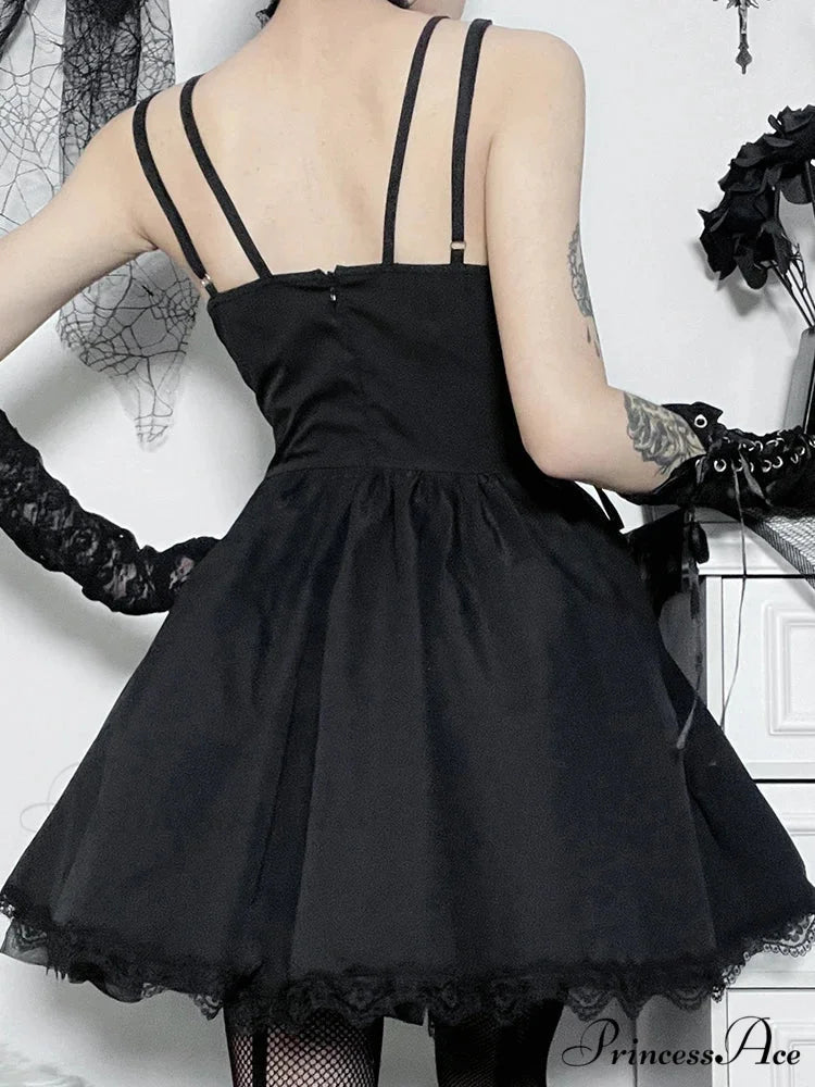 Gothic Sexy Black V Neck Lace Up Y2K Grunge Punk High Waist Lace Trim Party Dress
