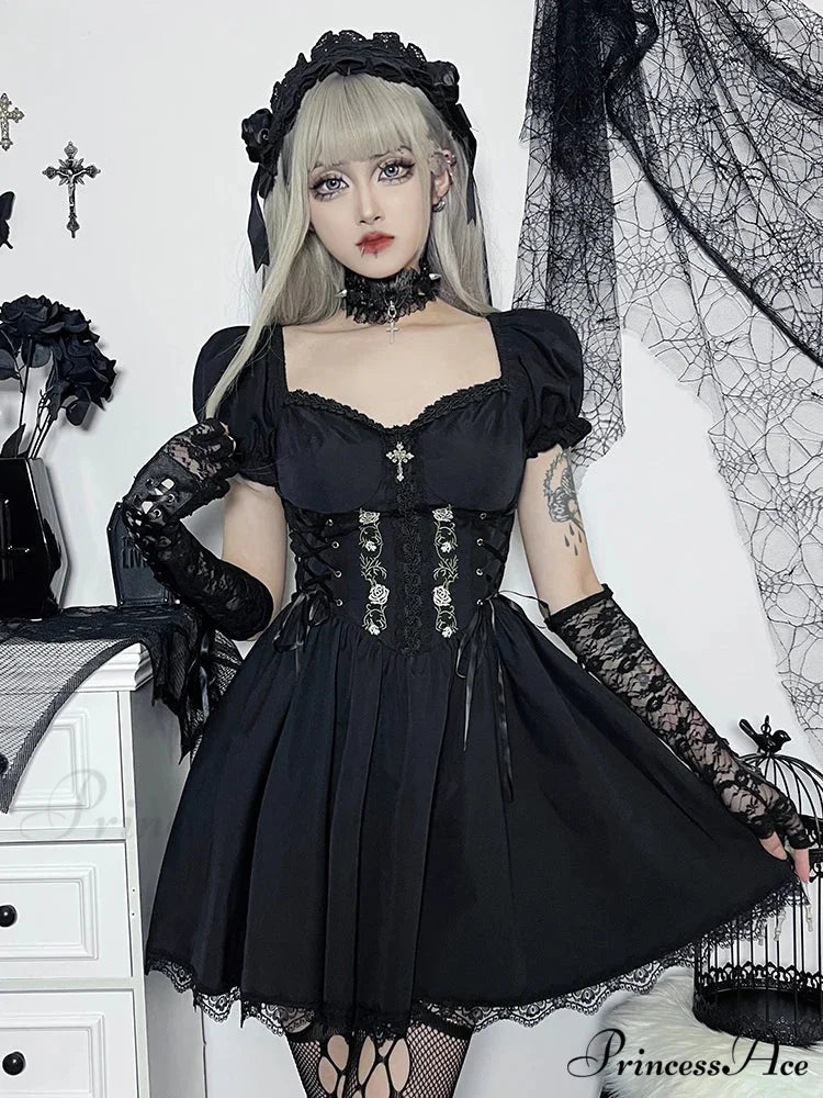 Gothic Sexy Black V Neck Lace Up Y2K Grunge Punk High Waist Lace Trim Party Dress BLACK / S