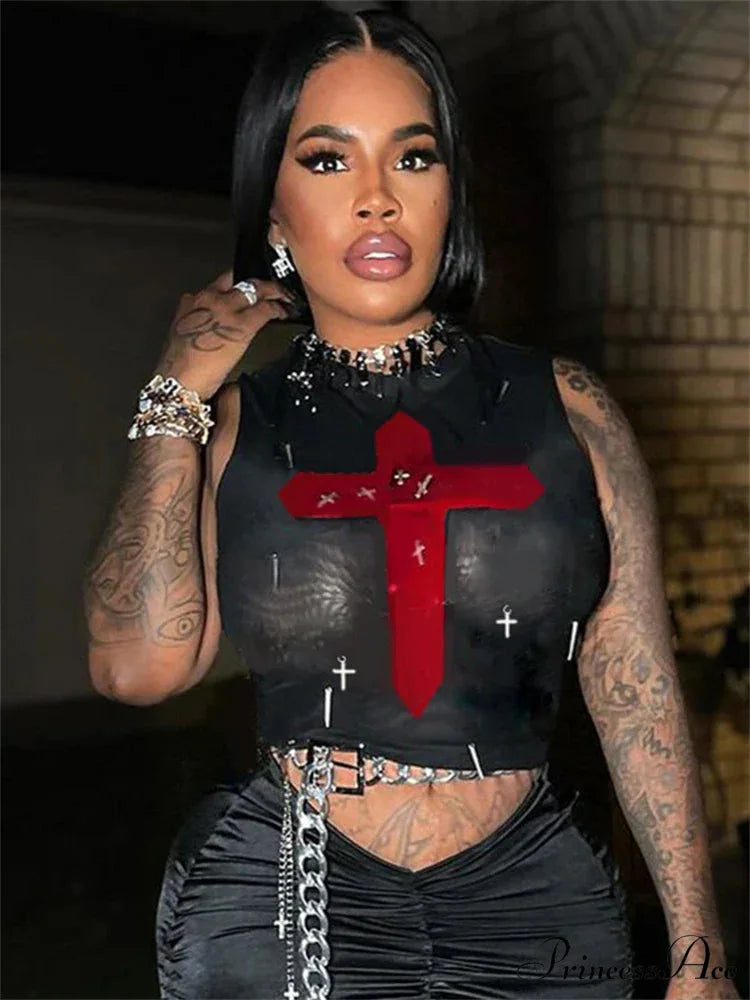 Gothic Sexy Metal Crosses Mesh See Through Crop Top Black / S