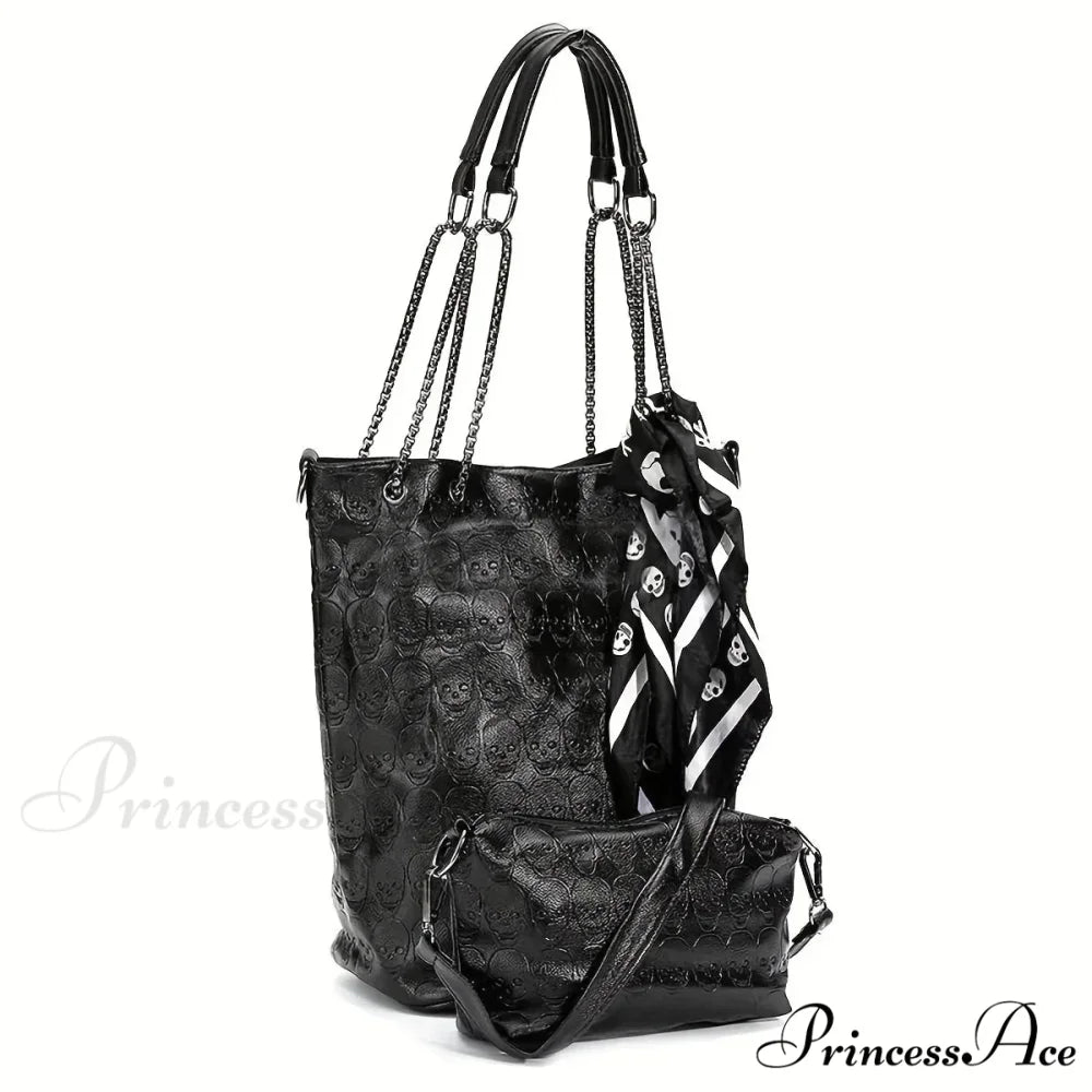Gothic Skull Print Punk Scarf Decor Trendy Crossbody Tote Shoulder Bag Black