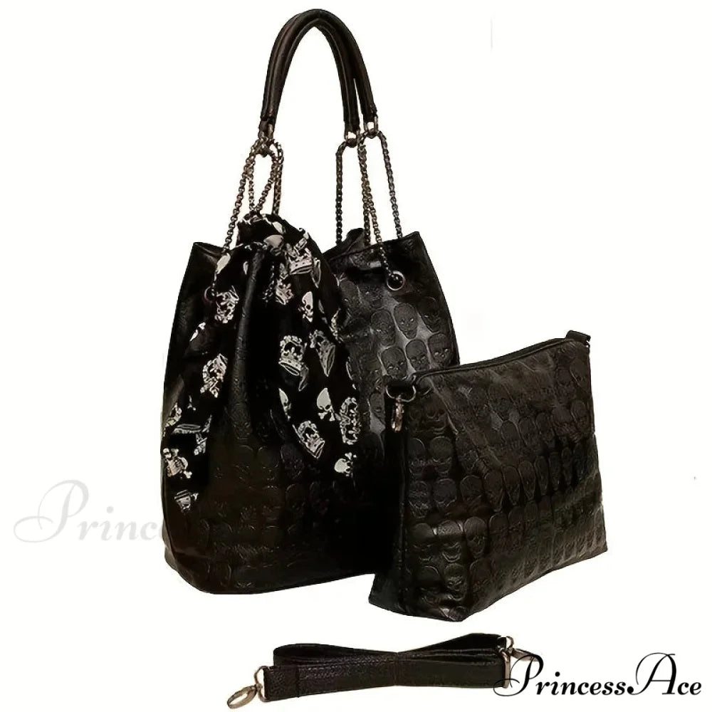 Gothic Skull Print Punk Scarf Decor Trendy Crossbody Tote Shoulder Bag Black