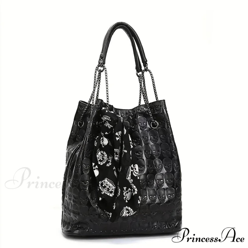 Gothic Skull Print Punk Scarf Decor Trendy Crossbody Tote Shoulder Bag Black