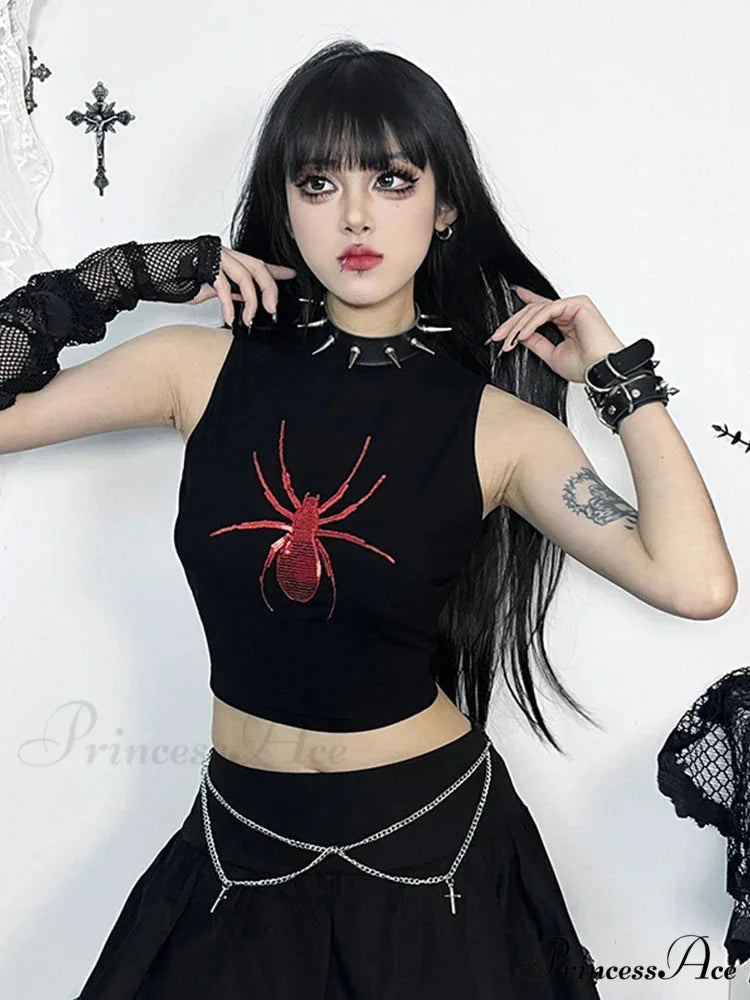 Gothic Spider Graphic Print Sleeveless Punk Alt Crop Top Black / S