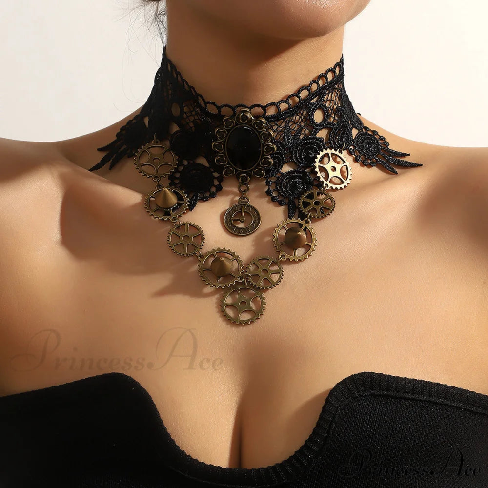 Gothic Steam Punk Black Lace Gear Exaggerated Necklace BLACK