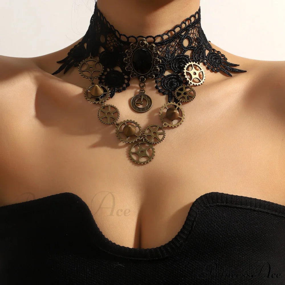 Gothic Steam Punk Black Lace Gear Exaggerated Necklace BLACK