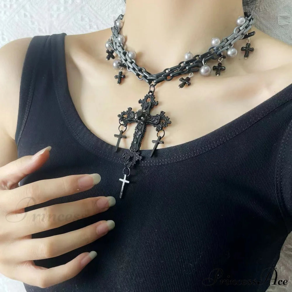 Gothic Sweet Punk Cross Tassel Pearl Hip-hop Necklace BLACK