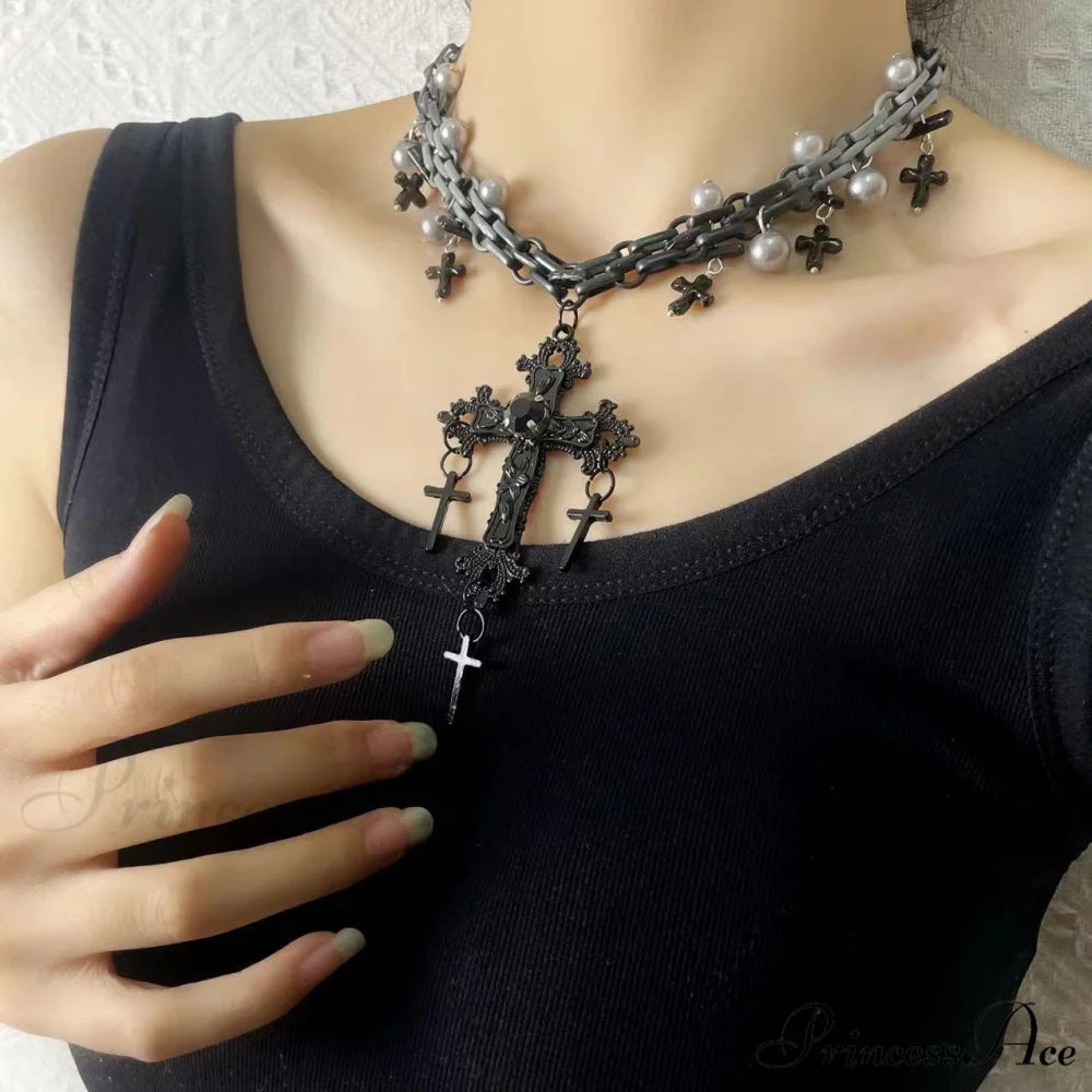 Gothic Sweet Punk Cross Tassel Pearl Hip-hop Necklace BLACK