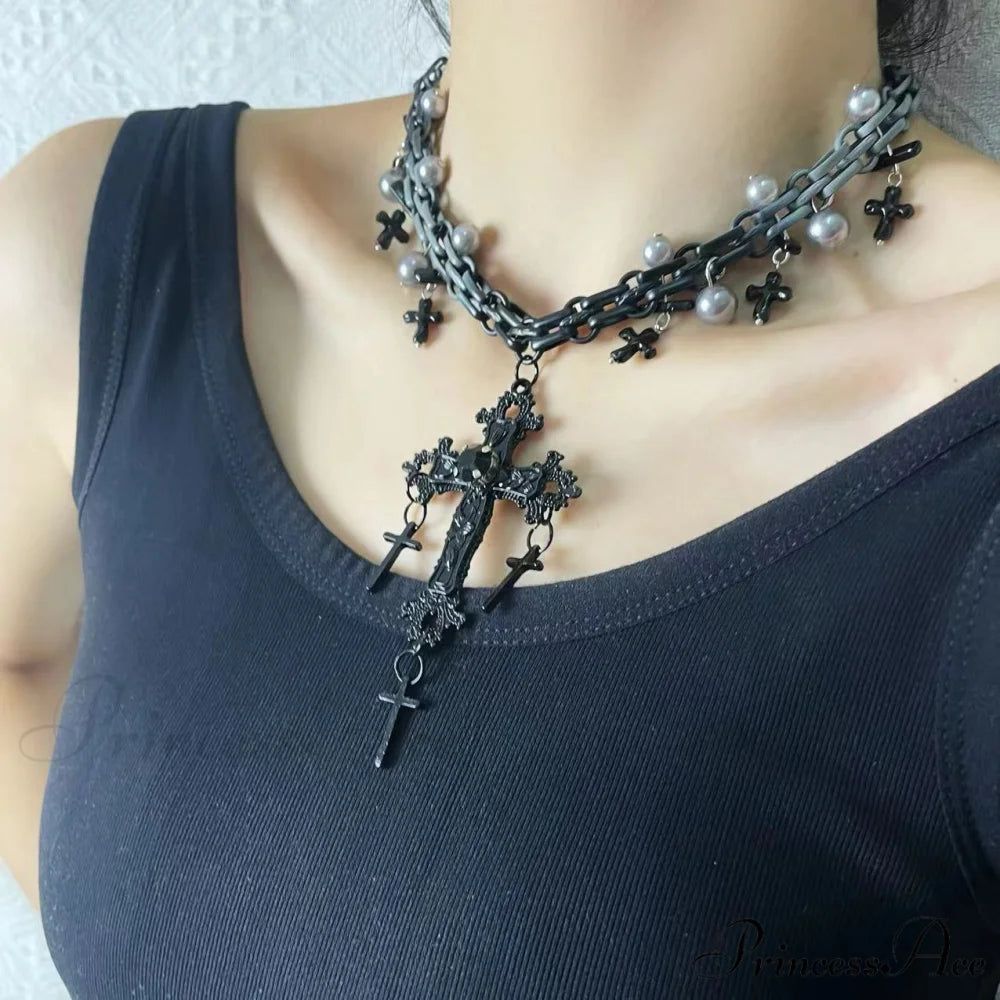 Gothic Sweet Punk Cross Tassel Pearl Hip-hop Necklace BLACK