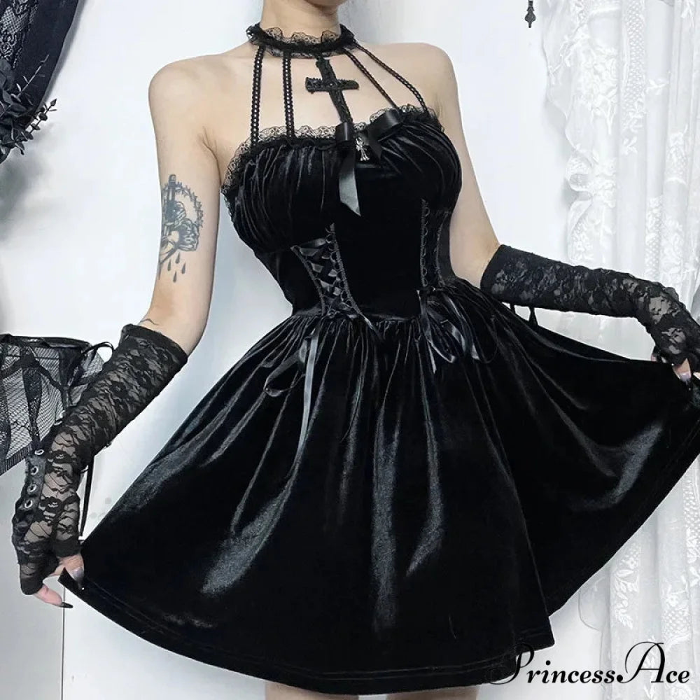 Gothic Velvet Criss-Cross Halter Dress Vintage Draped Lace Sleeveless Bodycon Backless A-Line Cocktail Party Dress