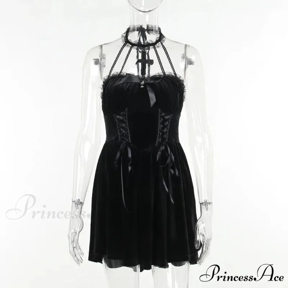 Gothic Velvet Criss-Cross Halter Dress Vintage Draped Lace Sleeveless Bodycon Backless A-Line Cocktail Party Dress