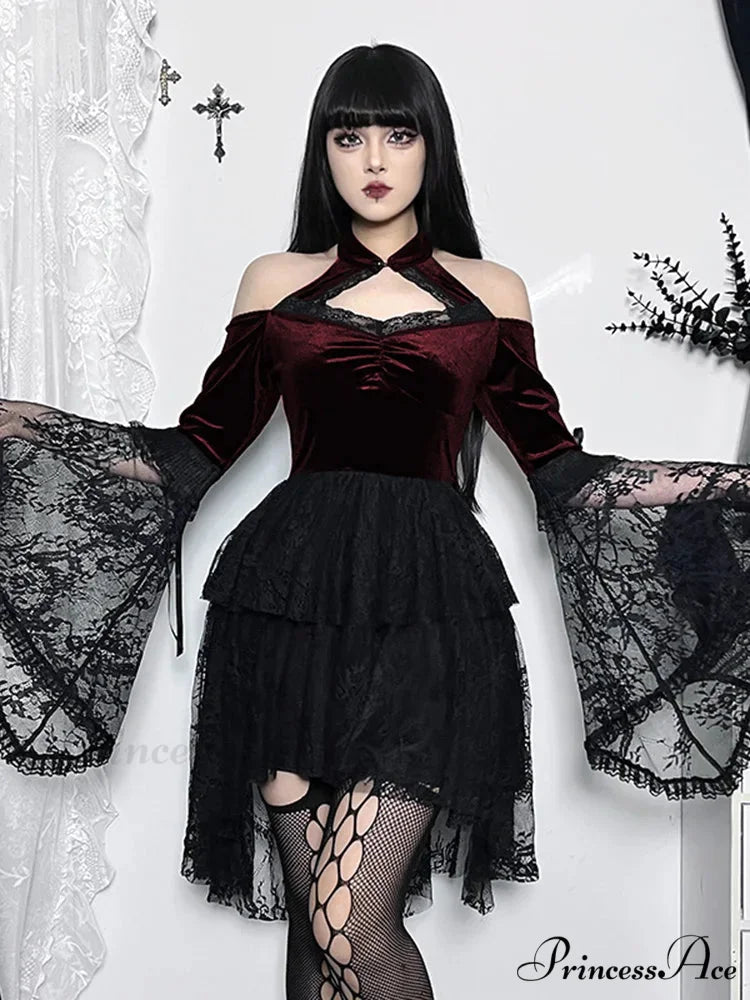 Gothic Vintage Off Shoulder Lace Cocktail Party Velvet Mesh Long Sleeves Halloween Cosplay Dress Claret / S
