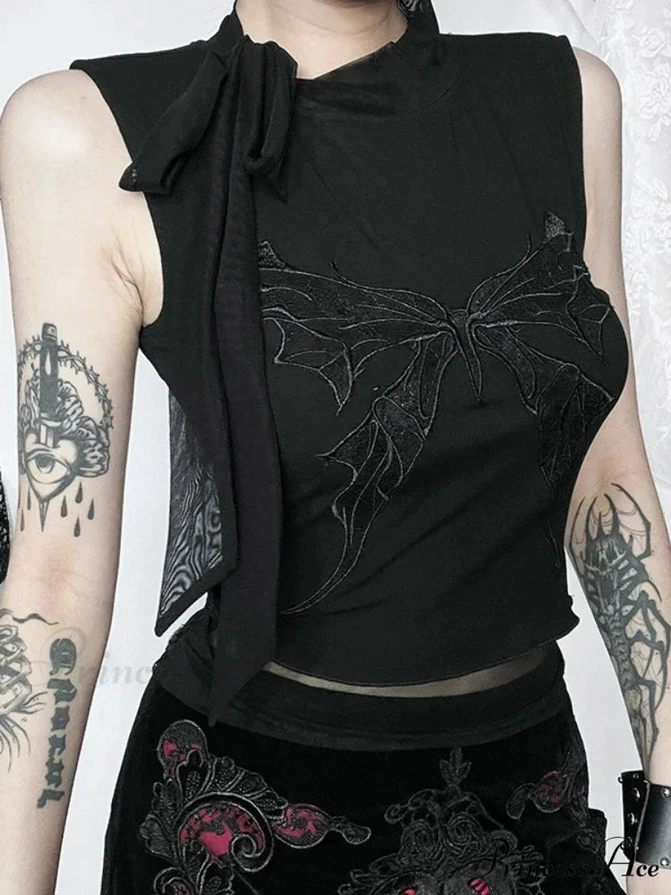 Gothic Vintage Sexy Butterfly Embroidered Lace Crop Top Beige / XS