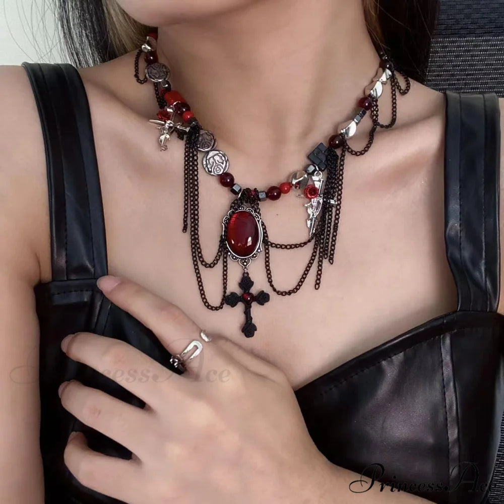 Gothic Wrapped Flower Cross Pendant Unique Necklace RED