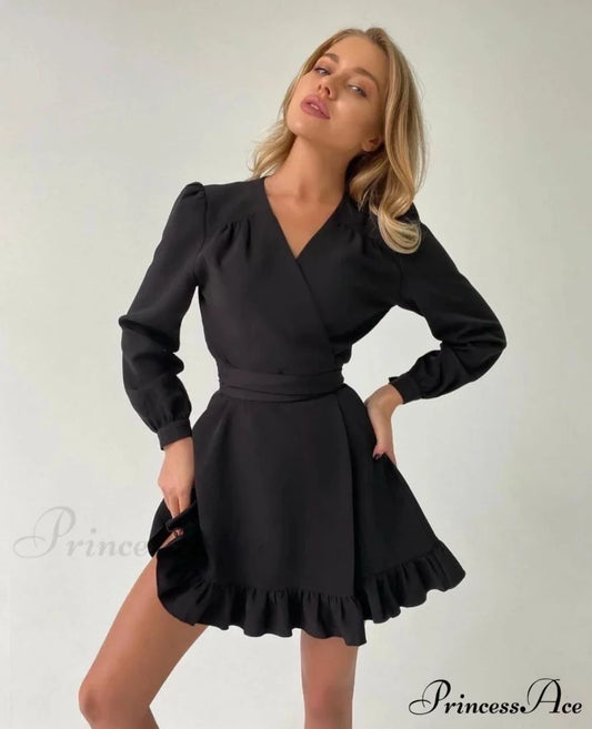 Gown Dresses Elegant Arm Women V-Neck Sweet Spring Long Party Solid Clothes black / S
