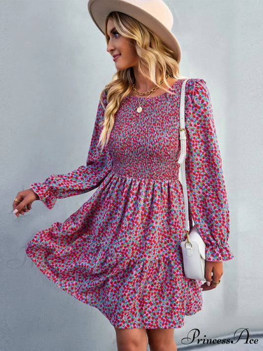 Gown Neck and for Spring A-Line Flowered Skirt Round Long-Sleeved - Summer Pink / S