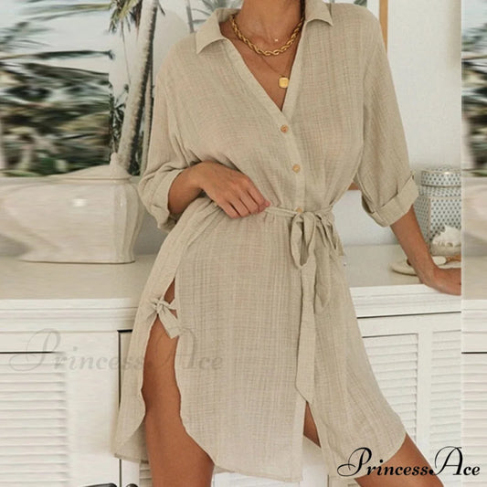 Gown Office Robe Linen Lapel Lady Long Vestidos Blouse Cotton Tunic Casual Women Solid Work Blouses Shirts Femme Khaki