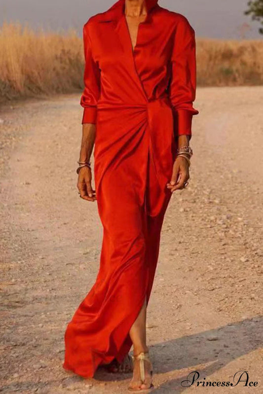 Gown Patchwork Blouse Bandage with Turndown Casual Solid Collar Red / S