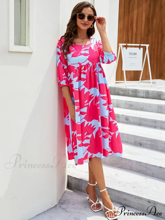 Gown Printing Round Loose Woven for Neck Women