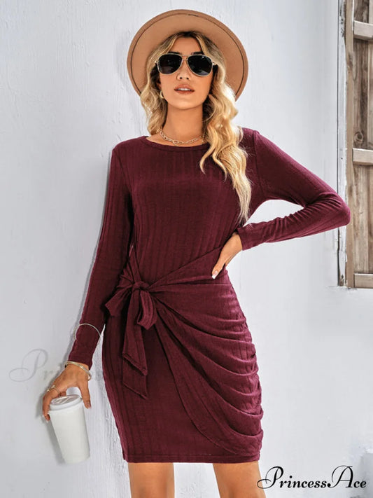 Gown Solid Rib-knit Mini Front Neck for Crew Color Tie Women Dark Red / S