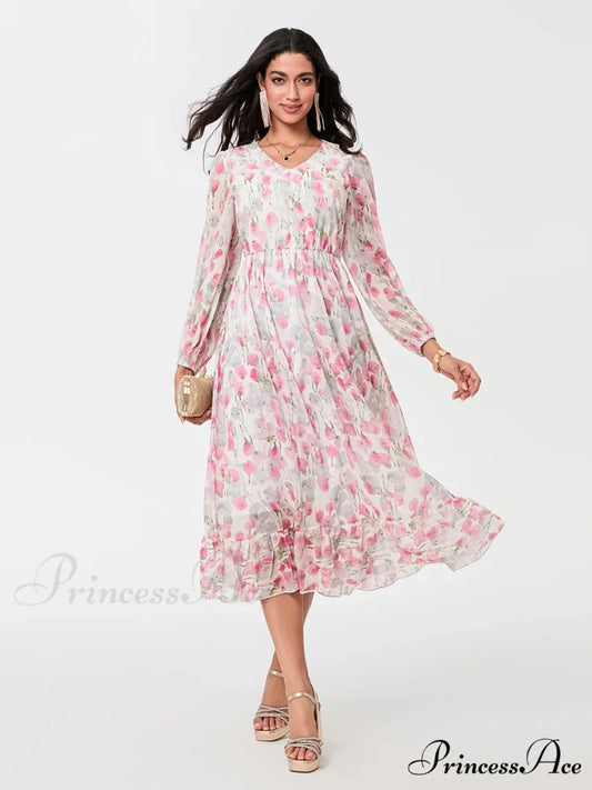 Graceful Botanical Cascading Long Sleeve A-Line Floral Dress Pink / S floraldress-250126