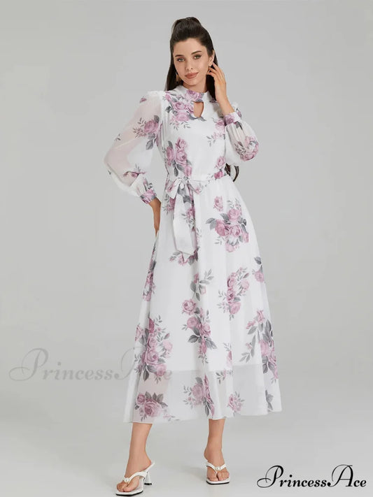 Graceful Flower Pattern Chiffon Long Lantern Sleeve Cinch Waist Flower Dress floraldress-250126