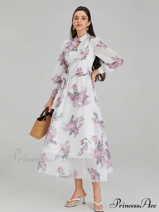 Graceful Flower Pattern Chiffon Long Lantern Sleeve Cinch Waist Flower Dress WHITE / S floraldress-250126