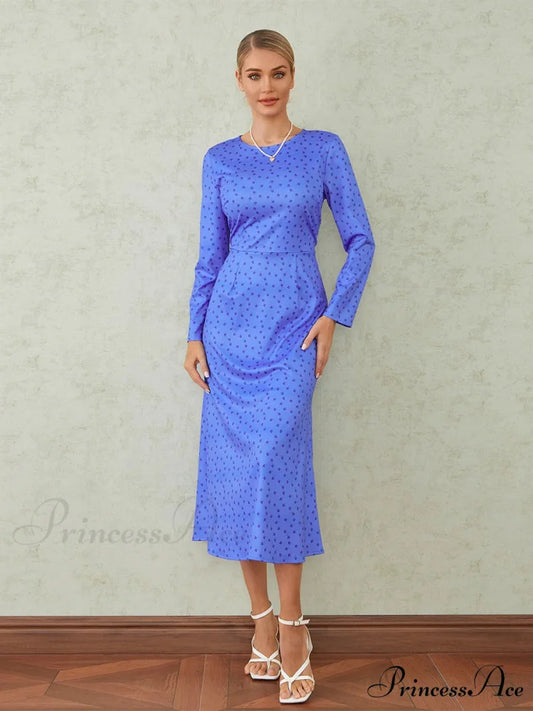 Graceful Flower Pattern Fishtail O-neck Wrap Midi Flower Dress Blue / S floraldress-250126