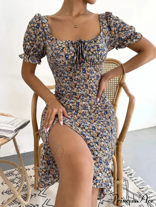 Graceful Folded A-line Floral Print Informal Dress oldfloraldress-250126