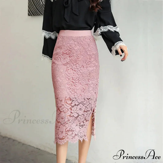 Graceful Lace Skirt with Dual Slits Flattering Extended Size Skirt Pink / M skirt-250126