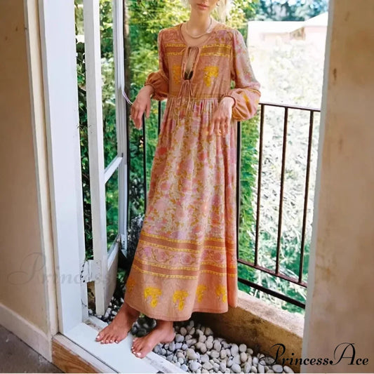Graceful Lace-up Fringe Botanical Pattern Rayon Bohemian Maxi Kaftan Dress orange / S bohodress-250126