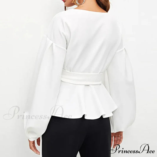 Graceful Off-the-shoulder Plunging Neckline Lace-up Fitted Top blouse-250126