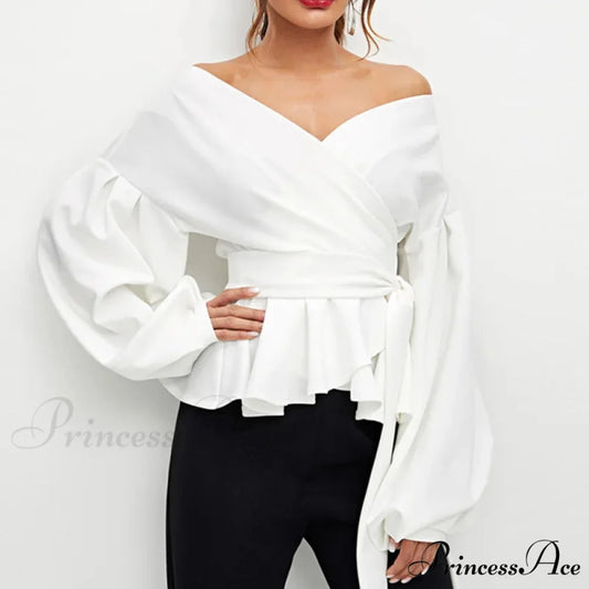 Graceful Off-the-shoulder Plunging Neckline Lace-up Fitted Top WHITE / S blouse-250126