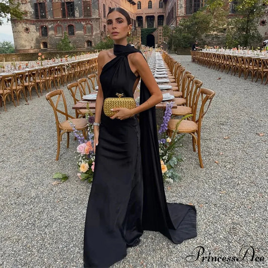 Graceful Silk Halter Holiday Gown Black / S vacationdress-250223