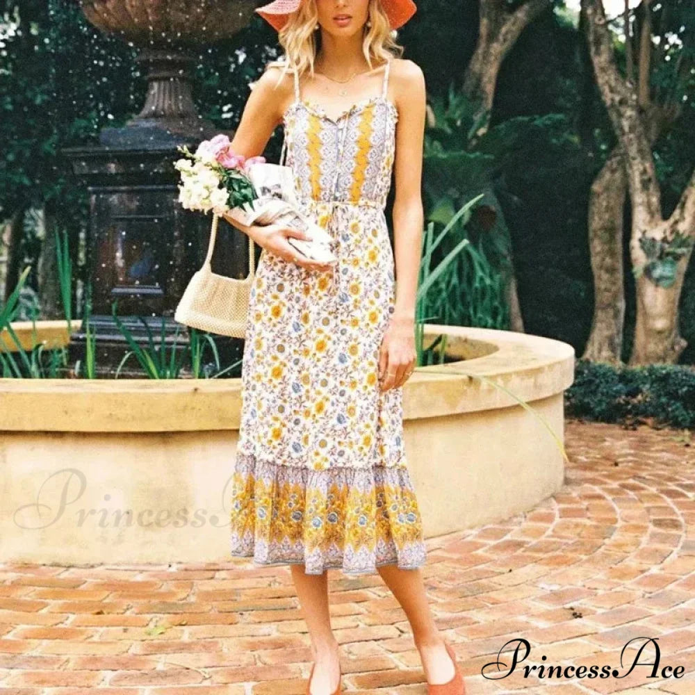Graceful Sleeveless Flower Rayon Cotton Midi Boho Dress bohodress-250126