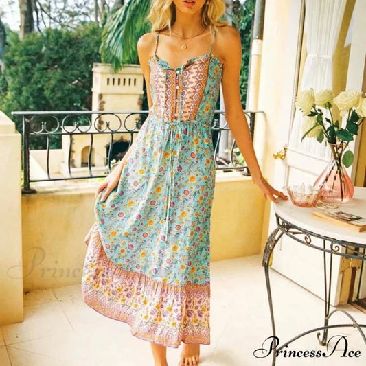 Graceful Sleeveless Flower Rayon Cotton Midi Boho Dress GREEN / S bohodress-250126