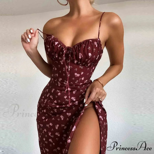 Graceful Spaghetti Strap V-Neck Floral Print Dress Red / S floraldress-250126