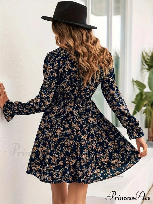 Graceful Spring Autumn Flower Pattern A-line Flower Dress oldfloraldress-250126