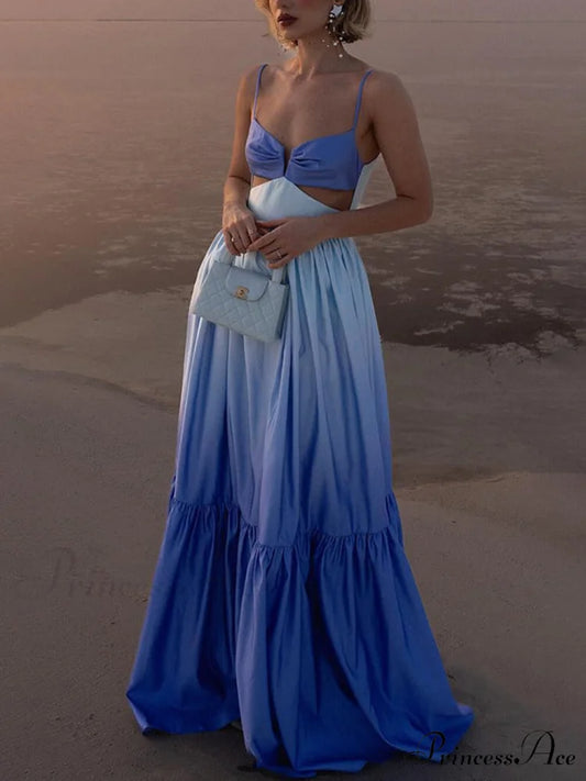 Gradient Color Print Cutout Graceful Waist Tiered Maxi Dress Blue / S