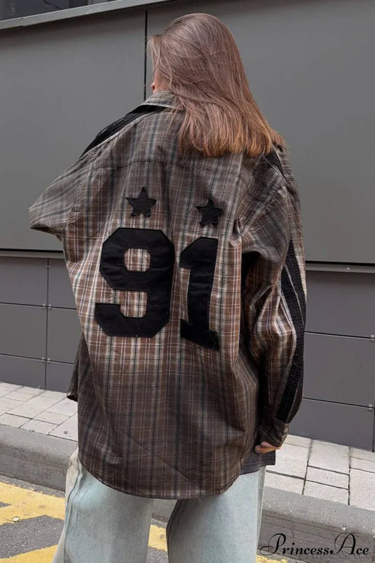 Gradient Plaid Patch Letter Loose Blouse